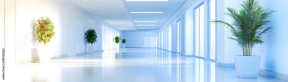Fototapeta premium Modern, light-filled corridor with indoor plants.