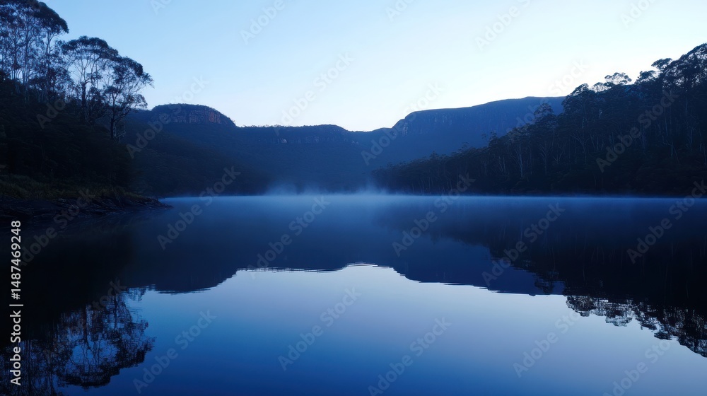 Fototapeta premium Serene Blue Lake Reflection at Dawn