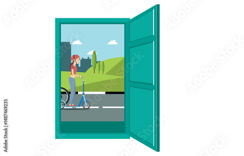 illustration Open the door. and enjoy 
Beautiful valley view. Vector illustration