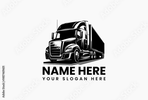 Angled view of premium Freightliner Cascadia with full trailer in polished silver vector logo. Logistics industry concept  