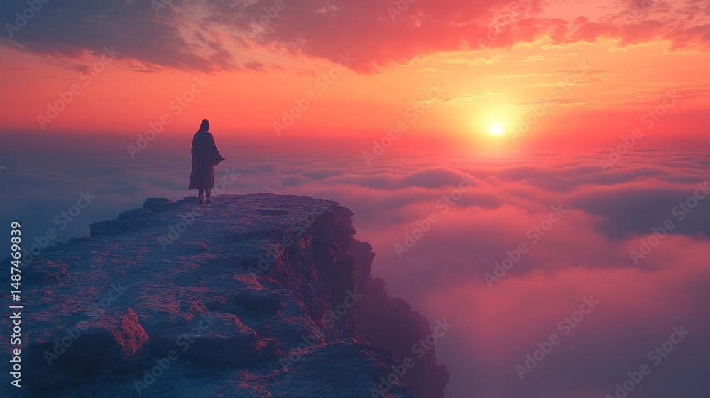 Figure atop a cliff watches the sunrise over clouds in a warm, pink-tinged sky Figure atop a cliff watches the sunrise over clouds in a warm, pink-tinged sky