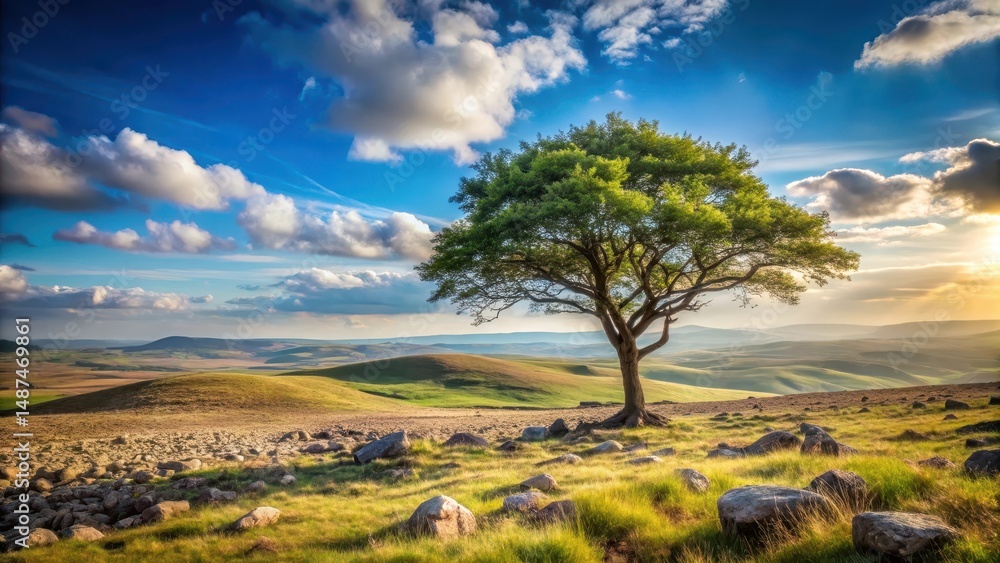 A lone tree stands tall amidst a vast, open landscape with rolling hills and scattered rocks A lone tree stands tall amidst a vast, open landscape with rolling hills and scattered rocks