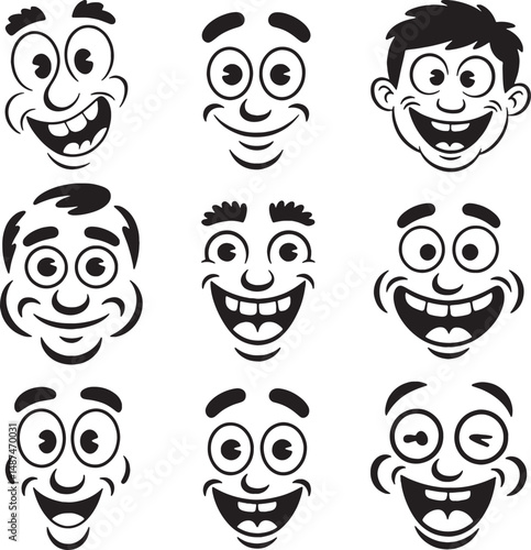 Nine happy cartoon faces expressions smiles