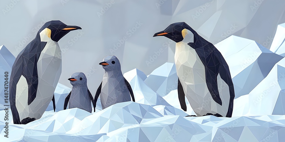 Fototapeta premium Low-poly penguins on icy terrain.