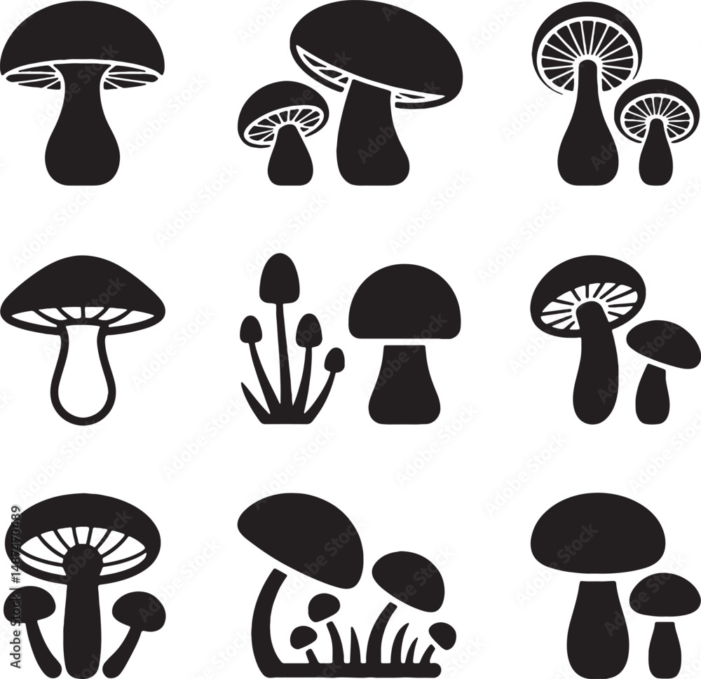 Collection of black silhouettes various mushrooms fungi Collection of black silhouettes various mushrooms fungi