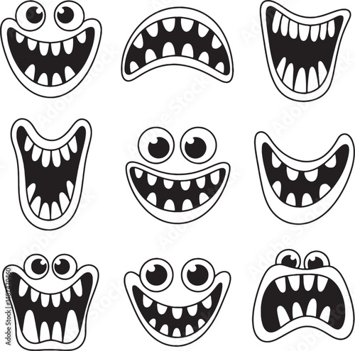 Nine cartoon monster faces big teeth grinning