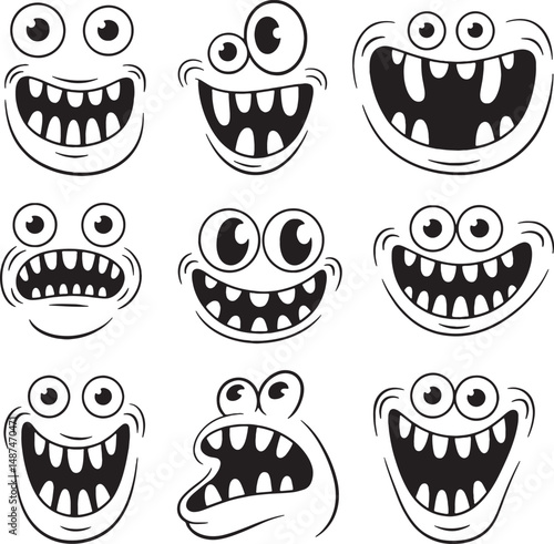 Nine hilarious cartoon monster faces big eyes grinning