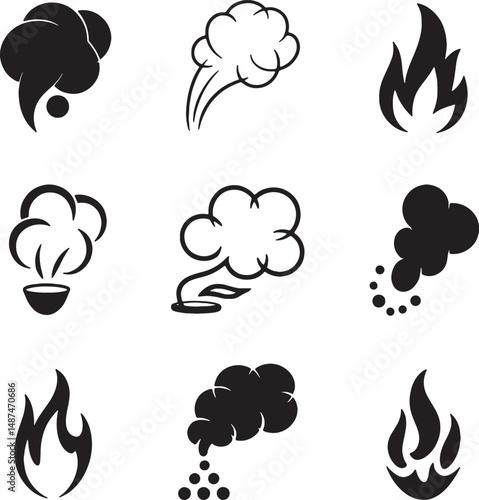 Simple black and white smoke and fire icons