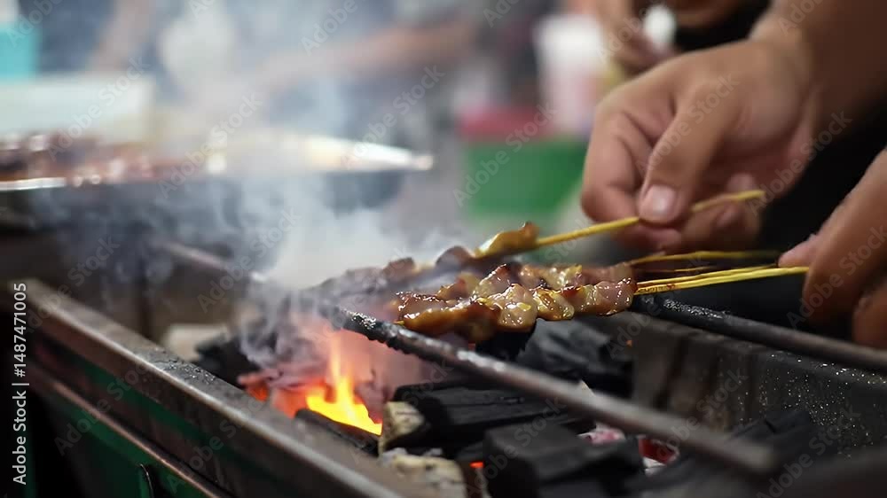 Satay being grilled over charcoal fire Satay being grilled over charcoal fire