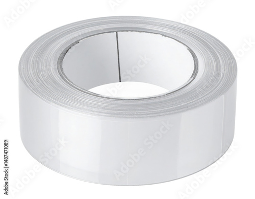 Transparent adhesive tape roll with a glossy surface sitting on a white background, ideal for office or craft use