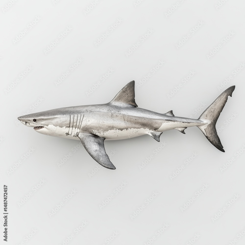 Naklejka premium Silver shark sculpture displayed against a clean white background capturing aquatic artistry marine world subject