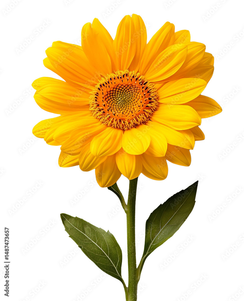 Fototapeta premium A cut sunflower stem with vibrant yellow petals, isolated on transparent background, PNG file