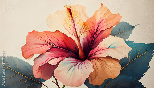 A vibrant hibiscus flower with intricate details and colors against a soft background.