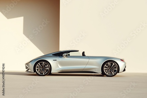 Silver convertible sports car with sleek aerodynamic design parked by beige wall automobile vehicle transportation speed shiny modern luxury vehicle exterior sporty stylish wheels road Silver