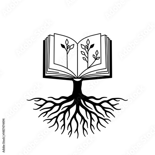 Book and Roots: A stylized illustration of an open book with delicate plants sprouting from its pages, rooted firmly in the ground, symbolizing knowledge and growth. 
