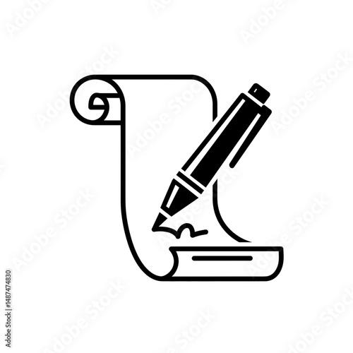 Signing Agreement: A black line-art icon depicting the act of signing a document with a pen. It conveys concepts of agreement, contract, and officiality.