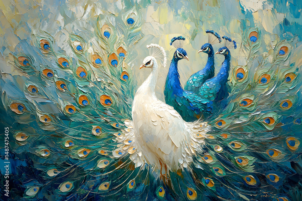 Fototapeta premium Oil painting depicting a white peacock and blue-green peacocks in the background