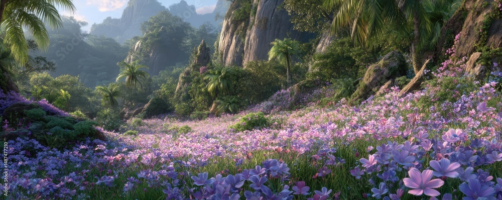 Obraz premium Blooming flowers in meadow surrounded by vibrant nature gardens concept. Vibrant landscape filled with blooming flowers and lush greenery.