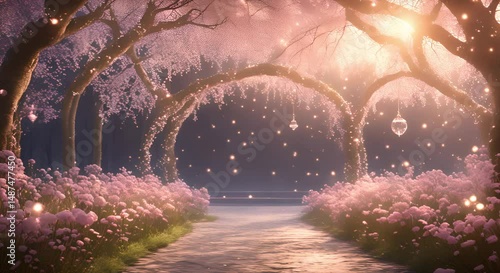 Enchanted Pink Forest with Glowing Lights and Sparkling Water