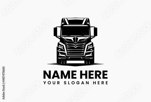 Sleek silver Freightliner Cascadia semi-truck with extended trailer at dynamic angle vector logo. Modern transportation and logistics emblem  