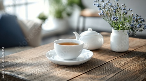 Wallpaper Mural White Teacup and Teapot on Rustic Wooden Table with Flowers Torontodigital.ca
