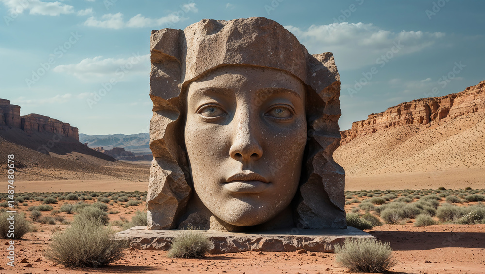 Fototapeta premium Giant stone face emerging from desert landscape