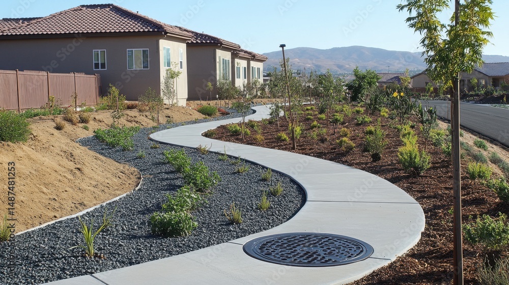 Obraz premium Clean, industrial-grade manhole lid embedded in new cement road