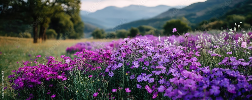 Obraz premium Blooming flowers in meadow with dreamy landscapes and gardens concept. Vibrant purple flowers blooming in serene mountain landscape.