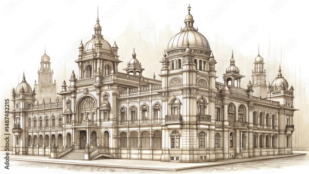 Obraz premium Detailed pencil sketch of a grand with intricate architecture and ornate details , pencil drawing, detailed illustration