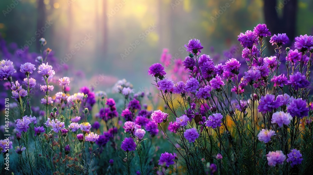 Obraz premium Blooming flowers in meadow with dreamy landscapes and gardens concept. Vibrant purple flowers in a sunlit meadow during early morning.