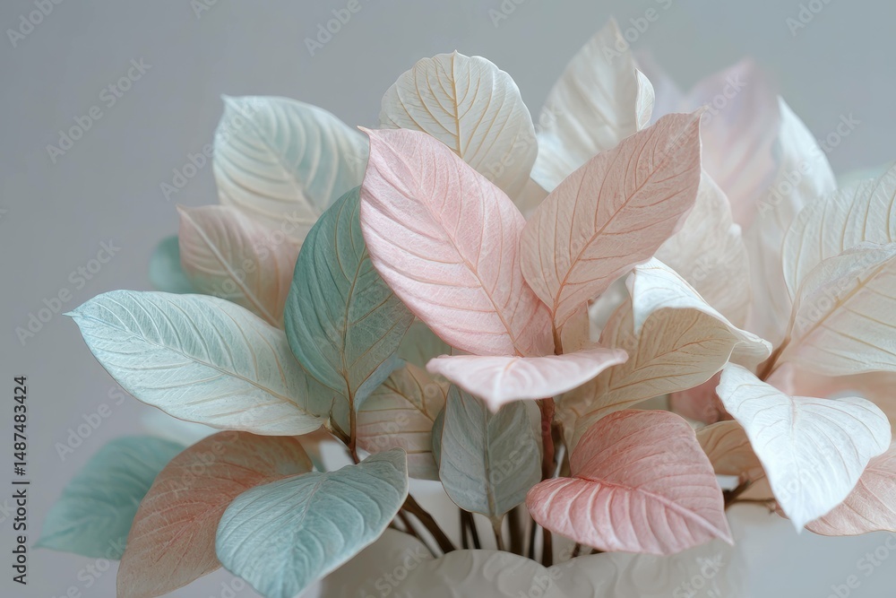 Subtle pastel-tinted leaves in a white ceramic setting Subtle pastel-tinted leaves in a white ceramic setting