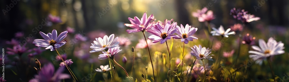 Fototapeta premium Blooming flowers in meadow with dreamy landscapes and gardens concept. A vibrant collection of wildflowers blooming in a sunlit forest.