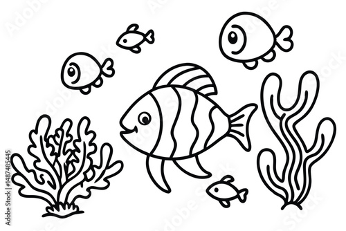 Smiling fish swim happily amongst seaweed plants in a delightful underwater world outline