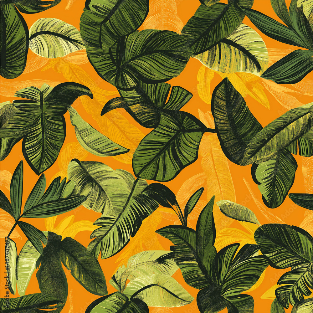 Obraz premium Tropical foliage pattern with detailed monstera leaves on vibrant orange background