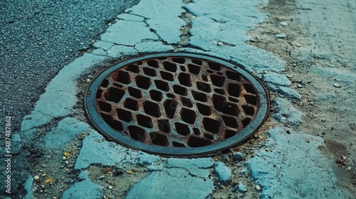 Fototapeta Naklejka Na Ścianę i Meble -  Raised manhole cover sitting above worn road surface with small cracks