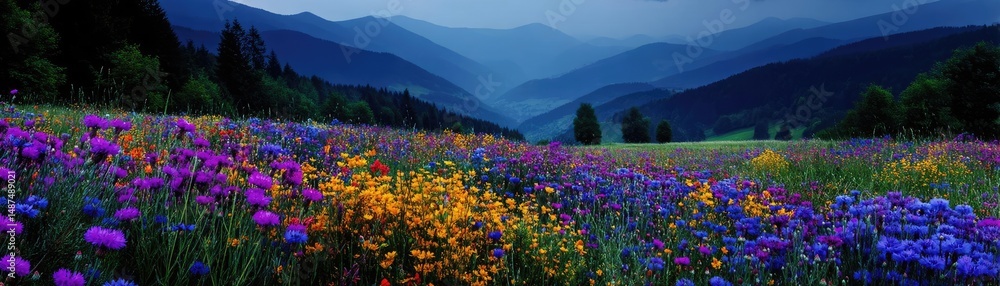 Obraz premium Blooming flowers in meadow with glowing landscapes and nature concept. Vibrant wildflowers blooming in a scenic mountain landscape.
