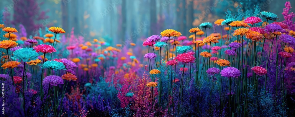 Fototapeta premium Blooming flowers in meadow with dreamy landscapes and gardens concept. Vibrant flowers in a mystical forest setting with vivid colors.