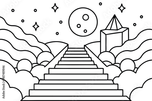 The monochrome staircase ascends through clouds, reaching towards a lunar moon and celestial stars