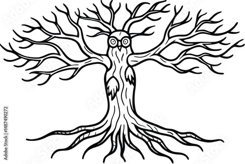 The wise tree owl wearing round spectacles stares out from the forest branches