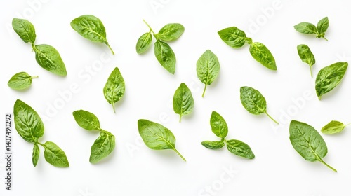 Scattered fresh basil leaves on a white background for culinary design elements
