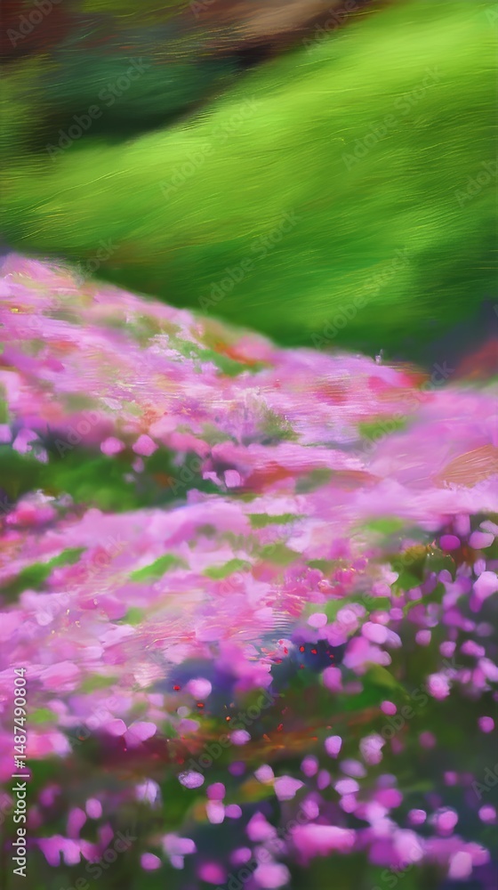 Obraz premium Dreamy Abstract Blurry Flowers in Vibrant Pink and Green: A Serene Impressionistic Landscape of Soft Whimsical Spring Petals