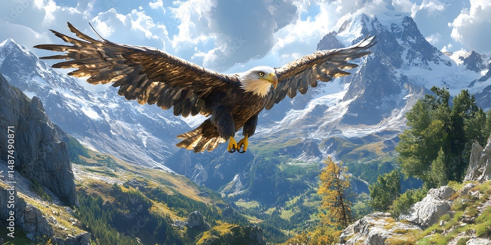 Fototapeta premium Majestic eagle soaring above alpine scenery.