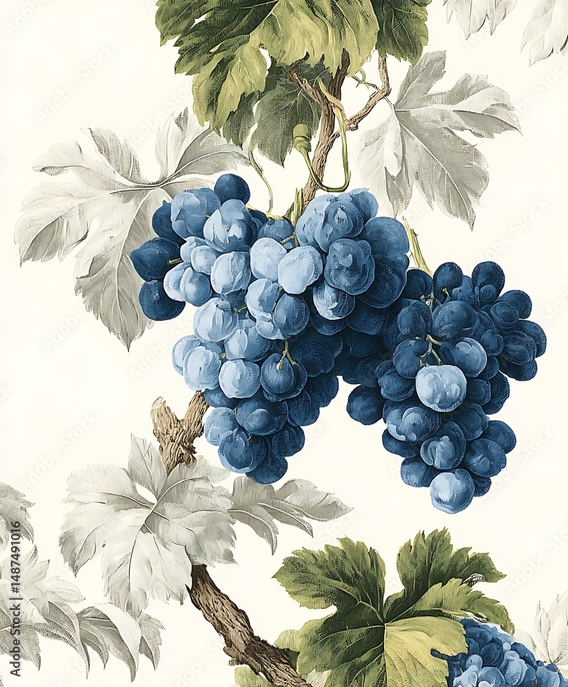 Fototapeta premium the image shows an illustration of grape clusters hanging from a vine. two prominent bunches of blue fruit dominate the scene, with individual grapes closely packed together