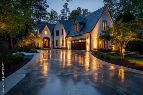 Luxury Home Exterior at Dusk: Elegant White House with Slate Roof & Wet Driveway Reflection, Landscape Lighting, Dark Blue Sky