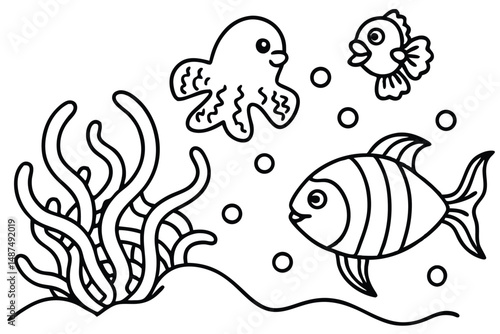 Two different fishes and one octopus are swimming near seaweed with white background