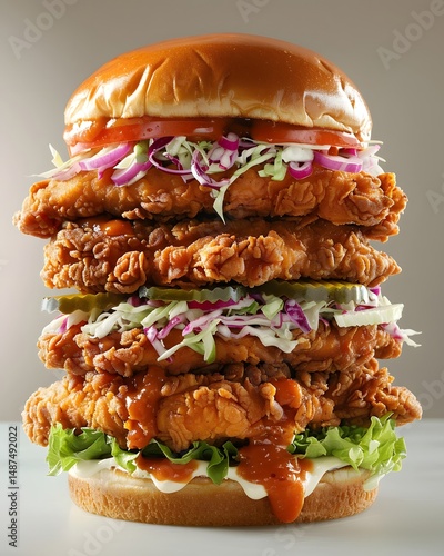 A towering, mouthwatering, crispy fried chicken sandwich, layered with juicy chicken, tangy pickles, crisp slaw, and a drizzle of creamy sauce on a fluffy bun.