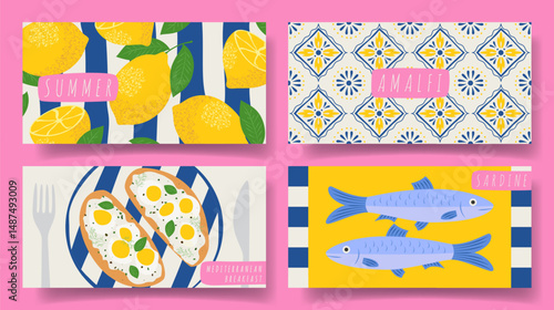 Collection of horizontal summer banners. Vector illustration with bright cards with sardines, lemons, Italian Mediterranean tiles, breakfast. Concept backgrounds for party, holiday, event, invitation.
