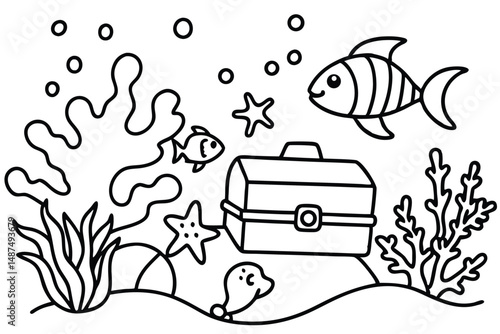 Underwater world shows fish, starfish, coral, bubbles, and a chest lying on ocean sand