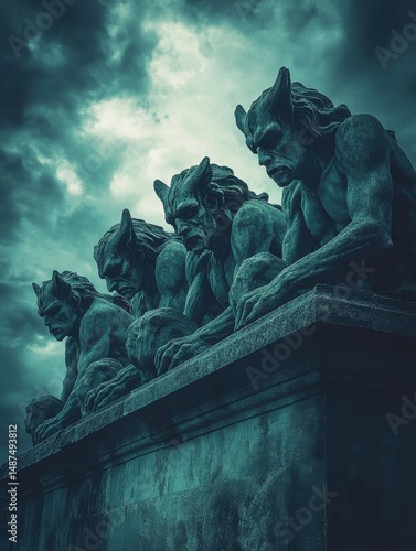 Dark Teal Gothic Demon Statues Dramatic Sky Ancient Evil Sculpture art grim stone devil fiend beast