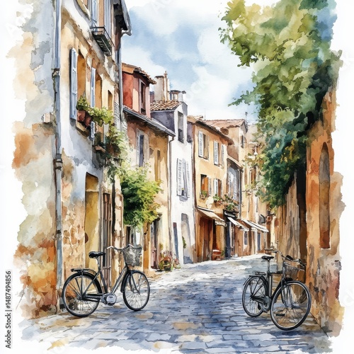 Charming European Street Scene Watercolor Painting with Bicycles